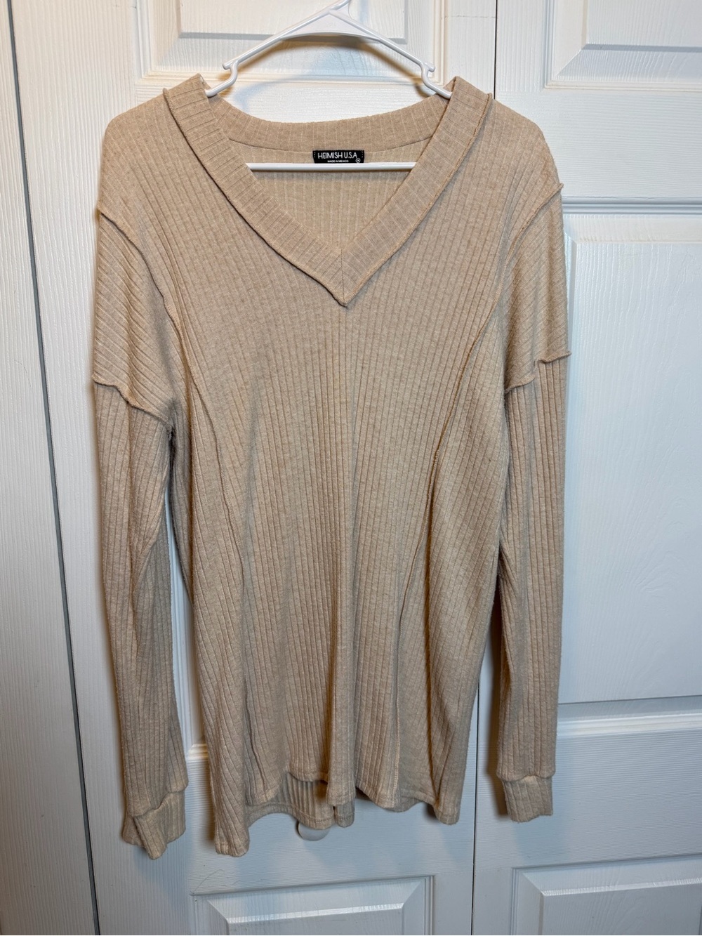 Heimish USA Ribbed V-Neck Long Sleeve Top 1XL Beige Stretch Knit Tunic